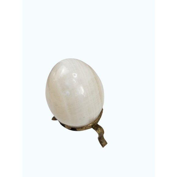 White Onyx Stone Egg With Vintage Gold-Tone Metal Stand Victorian Decor Vintage - Picture 5 of 12